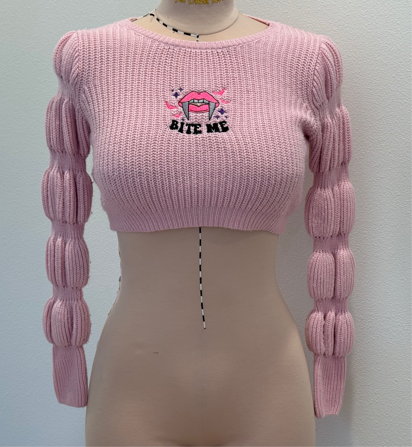 Bite me Crop Top Embroidered Knit Sweater Kawaii Goth