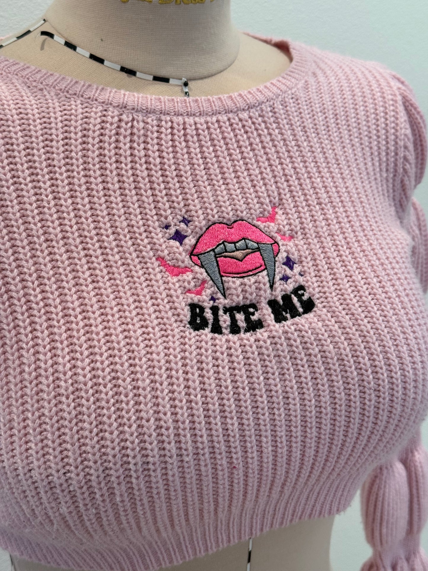 Bite me Crop Top Embroidered Knit Sweater Kawaii Goth