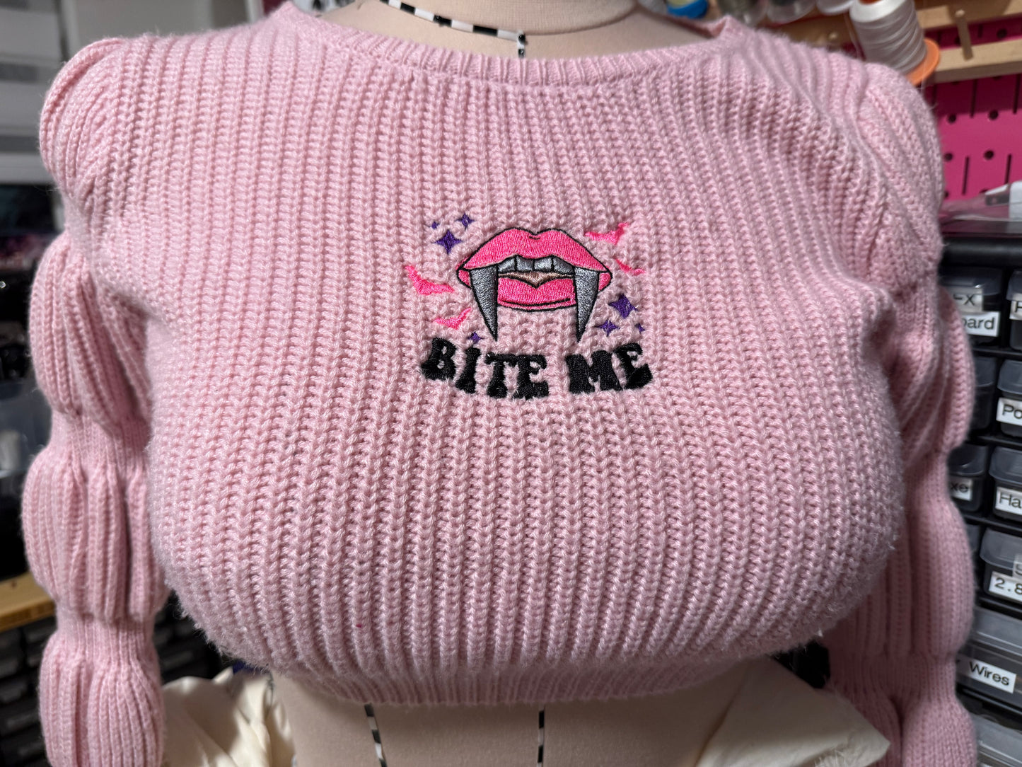 Bite me Crop Top Embroidered Knit Sweater Kawaii Goth